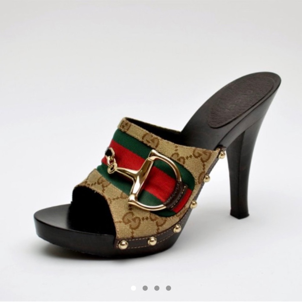 GUCCI Monogram wooden heel clog.